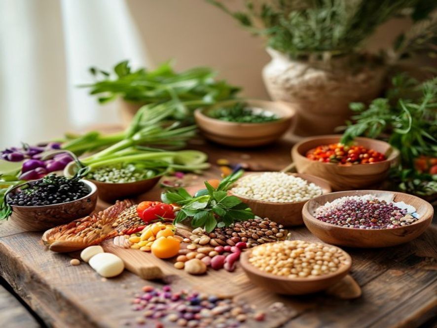 Een gevarieerd assortiment groenten en gezonde ingrediënten op een keukenblad